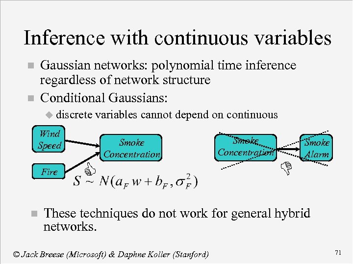 Inference with continuous variables Gaussian networks: polynomial time inference regardless of network structure Conditional