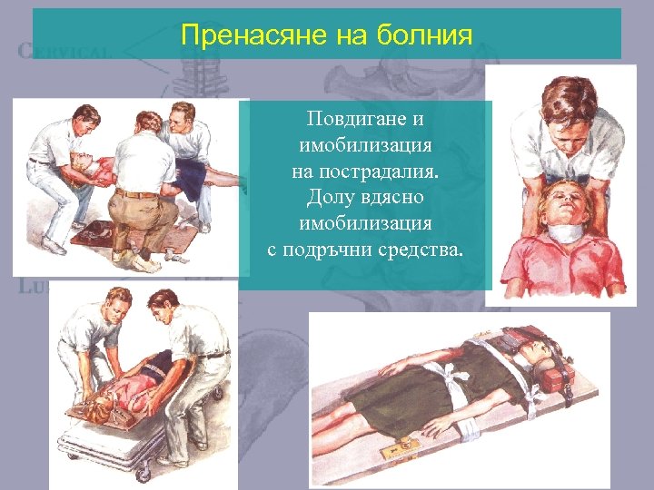 Пренасяне на болния Повдигане и имобилизация на пострадалия. Долу вдясно имобилизация с подръчни средства.