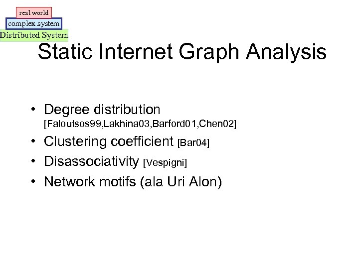 real world complex system Distributed System Static Internet Graph Analysis • Degree distribution [Faloutsos