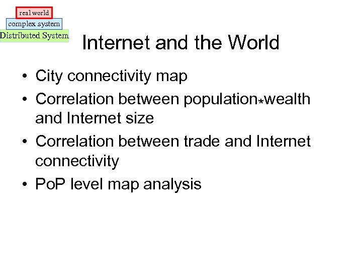 real world complex system Distributed System Internet and the World • City connectivity map