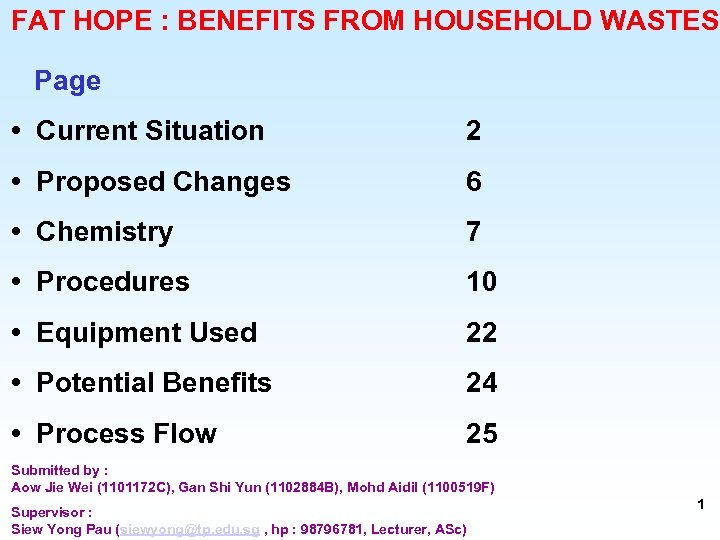 FAT HOPE : BENEFITS FROM HOUSEHOLD WASTES Page • Current Situation 2 • Proposed