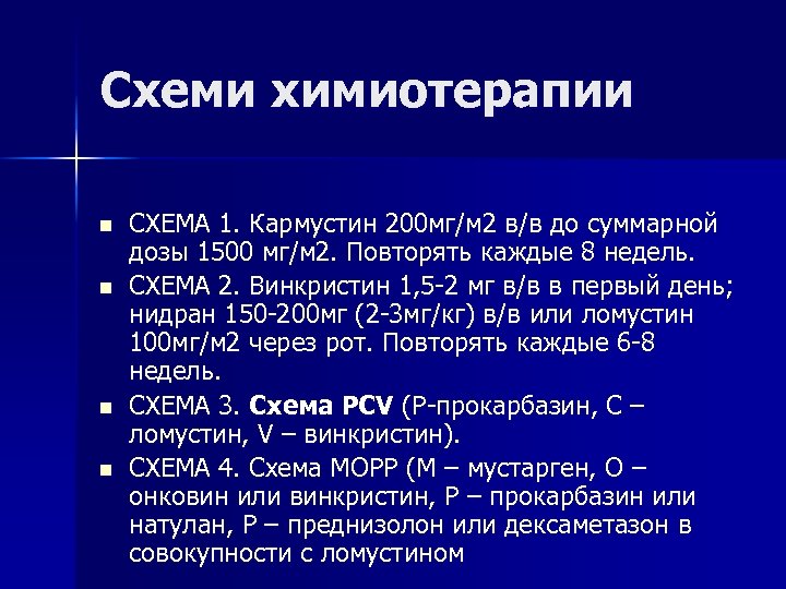 Схеми химиотерапии n n СХЕМА 1. Кармустин 200 мг/м 2 в/в до суммарной дозы