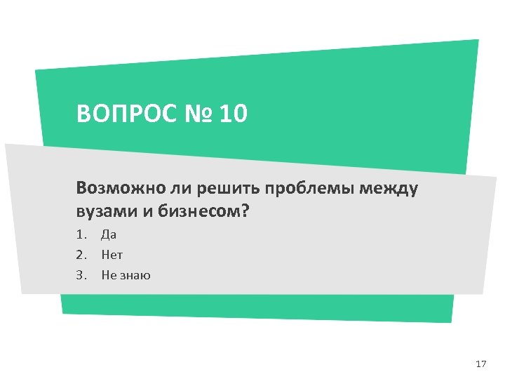 ВОПРОС № 10 Возможно ли решить проблемы между вузами и бизнесом? 1. Да 2.
