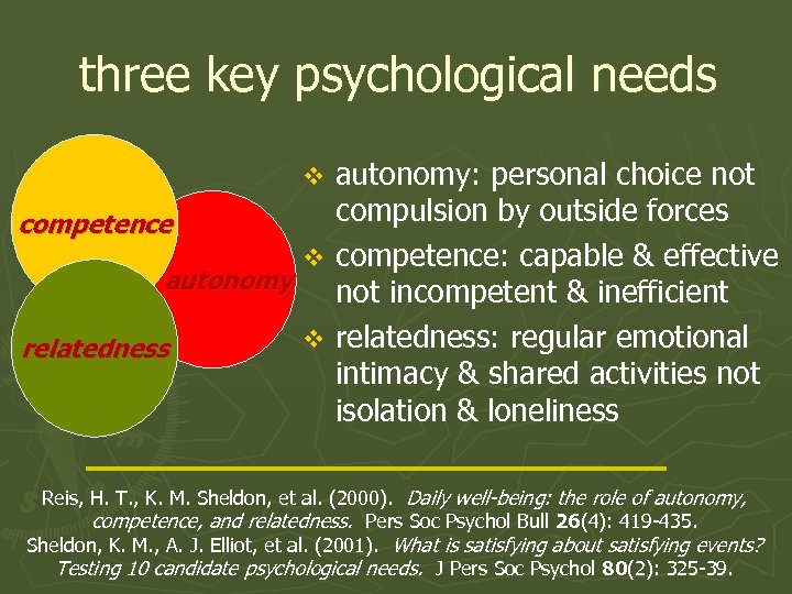 three key psychological needs autonomy: personal choice not compulsion by outside forces competence v