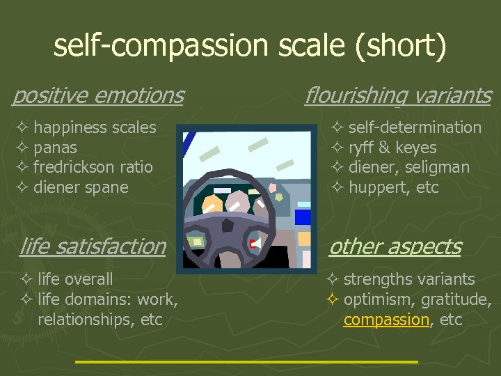 self-compassion scale (short) positive emotions flourishing variants ² happiness scales ² panas ² fredrickson