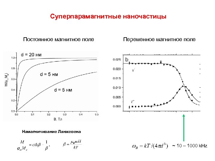 Суперпарамагнитные наночастицы Постоянное магнитное поле Переменное магнитное поле Намагничивание Ланжевена ~ 10 – 1000