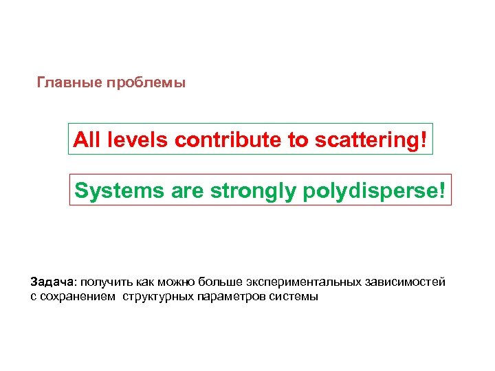 Главные проблемы All levels contribute to scattering! Systems are strongly polydisperse! Задача: получить как