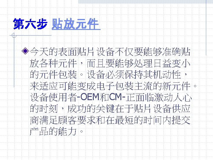 第六步 贴放元件 今天的表面贴片设备不仅要能够准确贴 放各种元件，而且要能够处理日益变小 的元件包装。设备必须保持其机动性， 来适应可能变成电子包装主流的新元件。 设备使用者-OEM和CM-正面临激动人心 的时刻，成功的关键在于贴片设备供应 商满足顾客要求和在最短的时间内提交 产品的能力。 