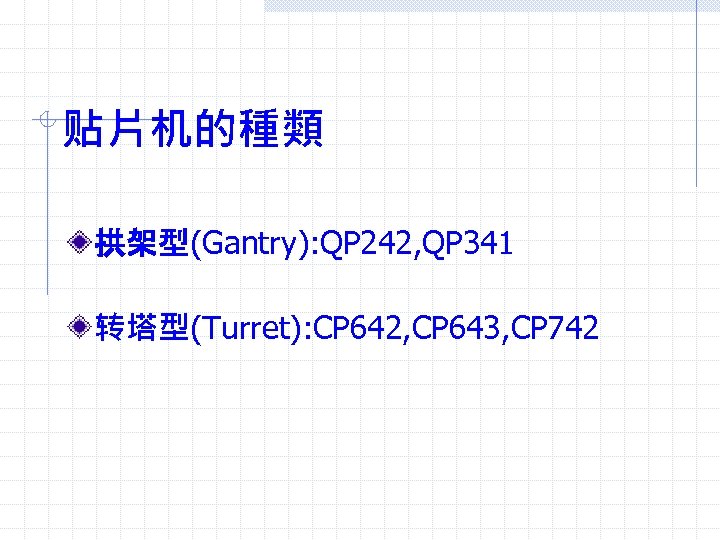 贴片机的種類 拱架型(Gantry): QP 242, QP 341 转塔型(Turret): CP 642, CP 643, CP 742 