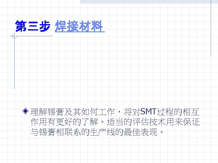 第三步 焊接材料 理解锡膏及其如何 作，将对SMT过程的相互 作用有更好的了解。适当的评估技术用来保证 与锡膏相联系的生产线的最佳表现。 