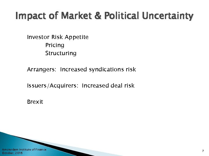 Impact of Market & Political Uncertainty Investor Risk Appetite Pricing Structuring Arrangers: Increased syndications