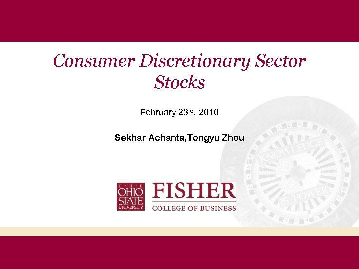 Consumer Discretionary Sector Stocks February 23 rd, 2010 Sekhar Achanta, Tongyu Zhou 