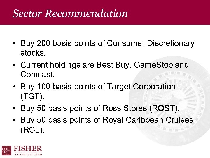 Sector Recommendation • Buy 200 basis points of Consumer Discretionary stocks. • Current holdings