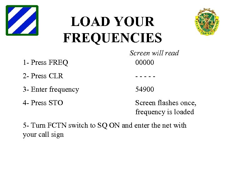 LOAD YOUR FREQUENCIES 1 - Press FREQ Screen will read 00000 2 - Press