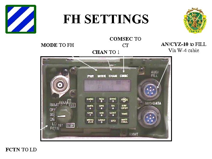FH SETTINGS MODE TO FH FCTN TO LD COMSEC TO CT CHAN TO 1