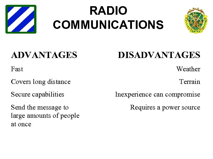 RADIO COMMUNICATIONS ADVANTAGES Fast Covers long distance Secure capabilities Send the message to large