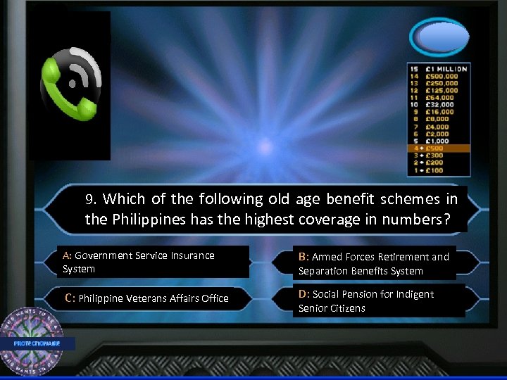 9. Which of the following old age benefit schemes in the Philippines has the