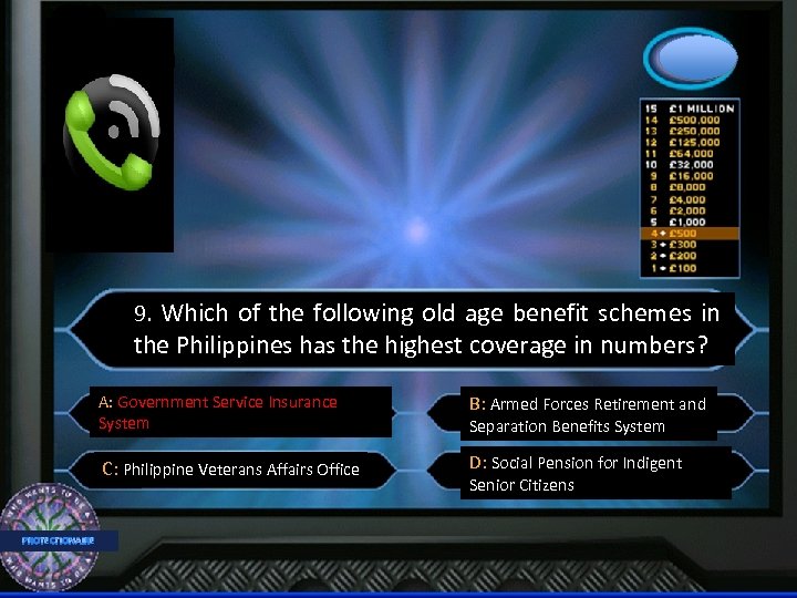 9. Which of the following old age benefit schemes in the Philippines has the