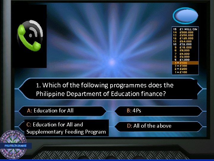 1. Which of the following programmes does the Philippine Department of Education finance? A:
