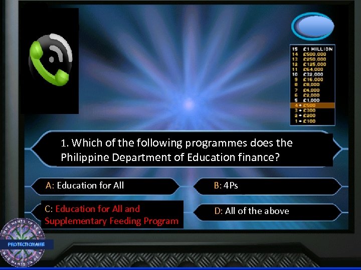 1. Which of the following programmes does the Philippine Department of Education finance? A: