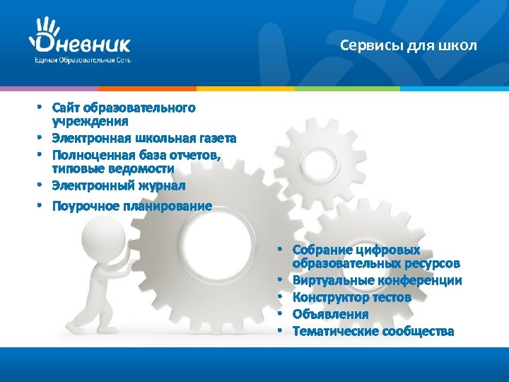 Сервисы для школ • Сайт образовательного учреждения • Электронная школьная газета • Полноценная база