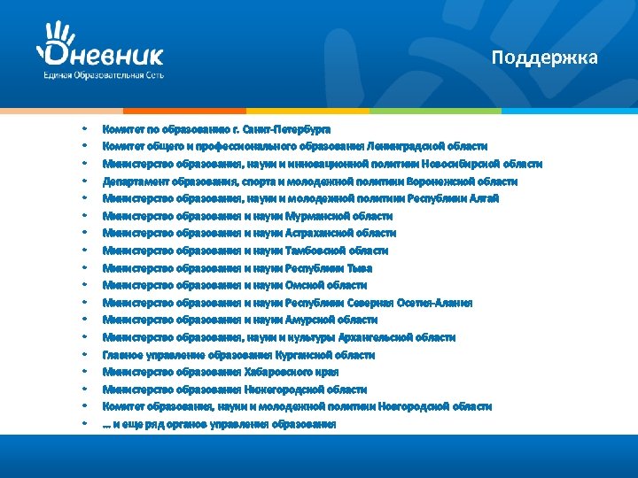 Поддержка • • • • • Комитет по образованию г. Санкт-Петербурга Комитет общего и