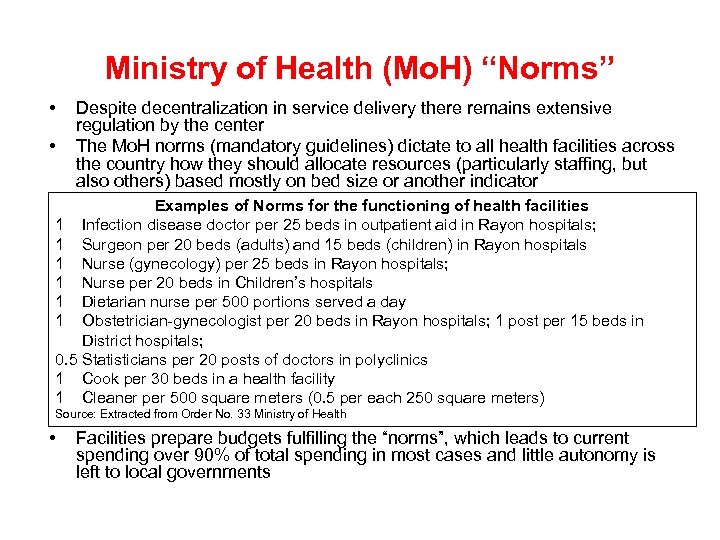 Ministry of Health (Mo. H) “Norms” • • Despite decentralization in service delivery there