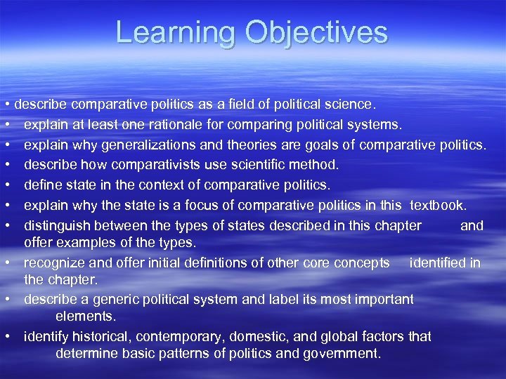 Learning Objectives • describe comparative politics as a field of political science. • explain