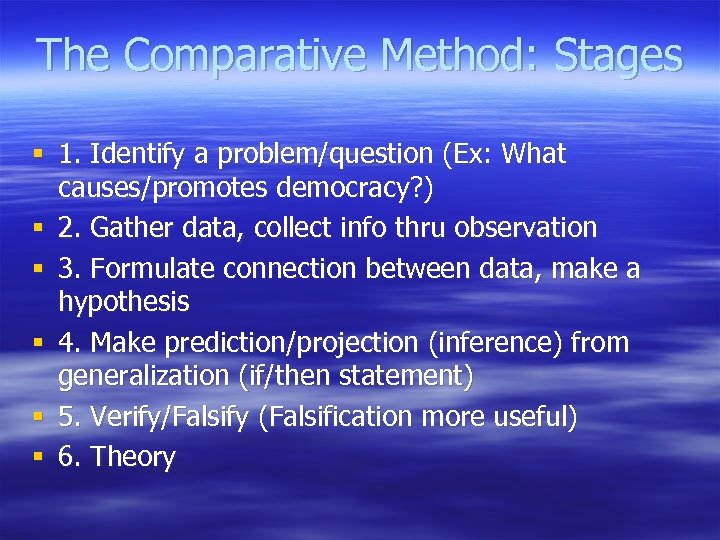 The Comparative Method: Stages § 1. Identify a problem/question (Ex: What causes/promotes democracy? )