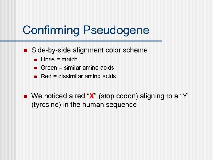 Confirming Pseudogene n Side-by-side alignment color scheme n n Lines = match Green =