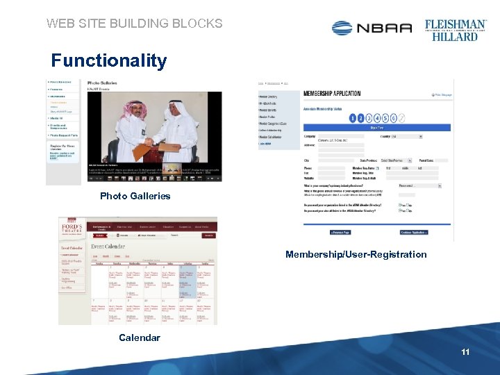 WEB SITE BUILDING BLOCKS Functionality Photo Galleries Membership/User-Registration Calendar 11 