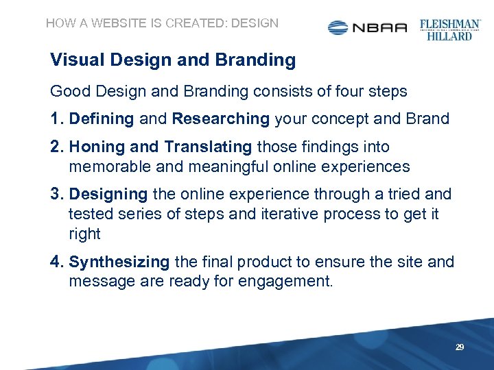 HOW A WEBSITE IS CREATED: DESIGN Visual Design and Branding Good Design and Branding