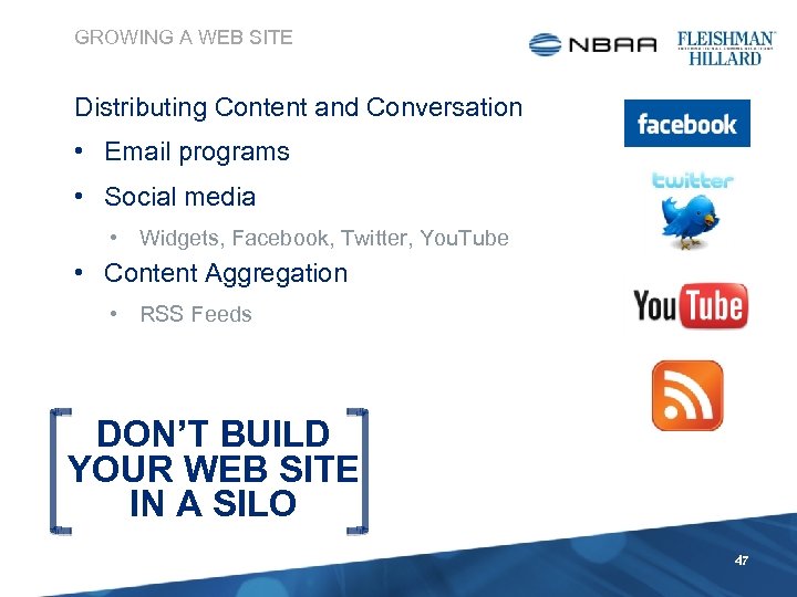 GROWING A WEB SITE Distributing Content and Conversation • Email programs • Social media