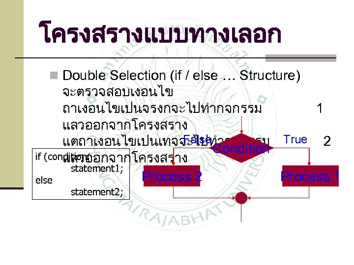 โครงสรางแบบทางเลอก n Double Selection (if / else … Structure) จะตรวจสอบเงอนไข ถาเงอนไขเปนจรงกจะไปทำกจกรรม 1 แลวออกจากโครงสราง False