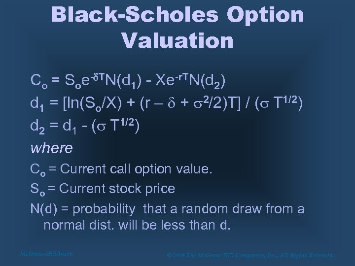 Black-Scholes Option Valuation Co = Soe-d. TN(d 1) - Xe-r. TN(d 2) d 1