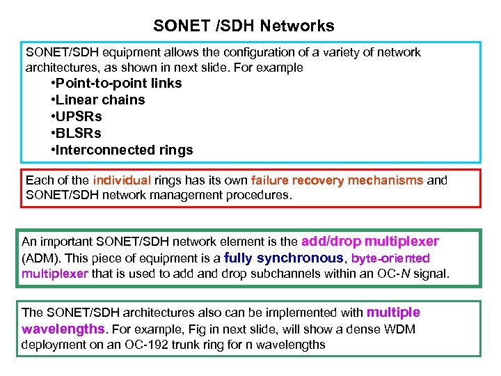 SONET /SDH Networks SONET/SDH equipment allows the configuration of a variety of network architectures,