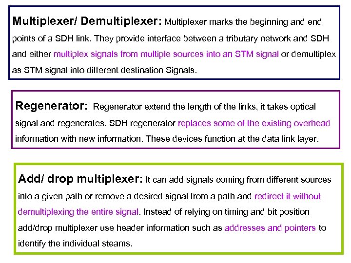 Multiplexer/ Demultiplexer: Multiplexer marks the beginning and end points of a SDH link. They