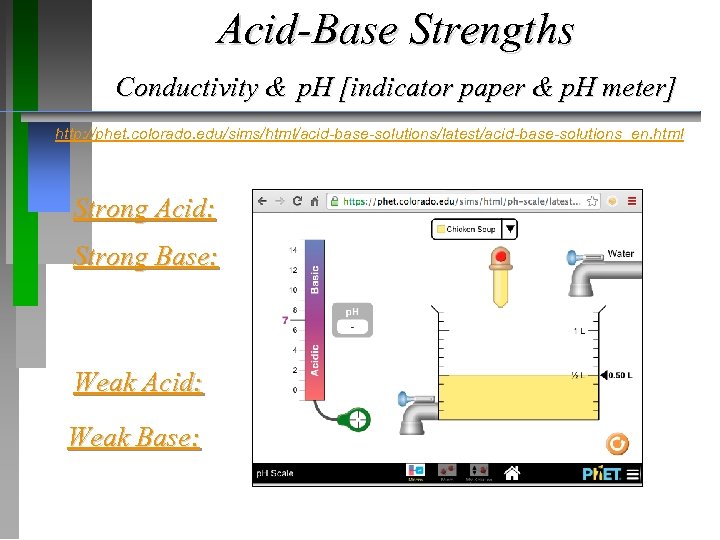 Acid-Base Strengths Conductivity & p. H [indicator paper & p. H meter] http: //phet.