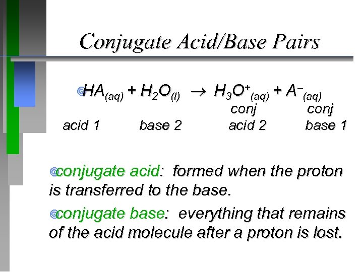 Conjugate Acid/Base Pairs ¥ (aq) + HA acid 1 ¥ conjugate H 2 O(l)