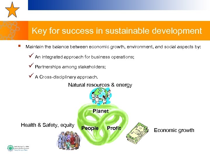 Key for success in sustainable development § Maintain the balance between economic growth, environment,