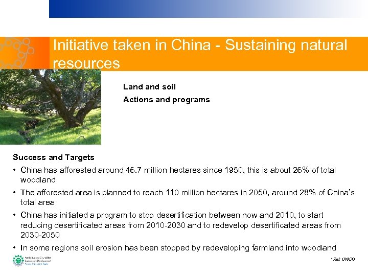 Initiative taken in China - Sustaining natural resources Land soil Actions and programs Success