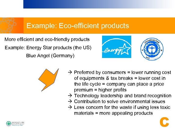 Example: Eco-efficient products More efficient and eco-friendly products Example: Energy Star products (the US)