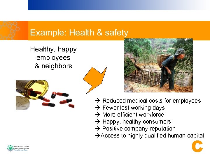 Example: Health & safety Healthy, happy employees & neighbors Reduced medical costs for employees