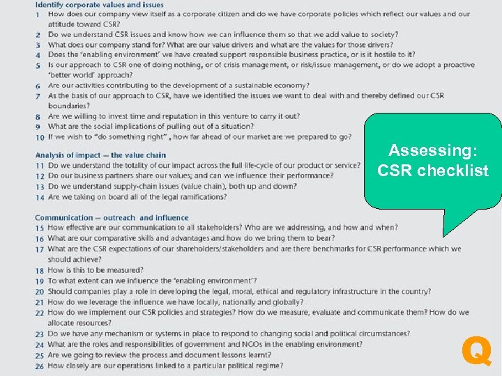 Questions for the board Assessing: CSR checklist Q 