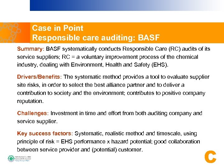 Case in Point Responsible care auditing: BASF Summary: BASF systematically conducts Responsible Care (RC)