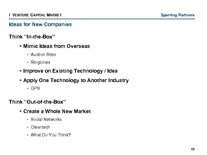 I VENTURE CAPITAL MARKET Sparring Partners Ideas for New Companies Think “In-the-Box” § Mimic