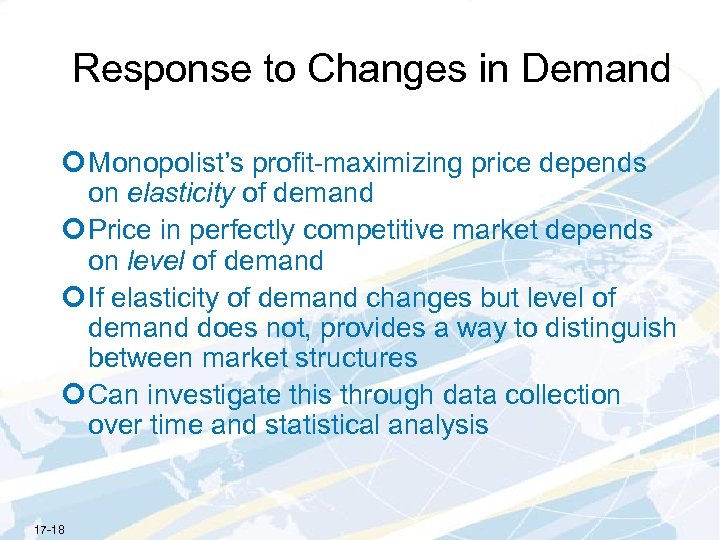 Response to Changes in Demand ¢ Monopolist’s profit-maximizing price depends on elasticity of demand