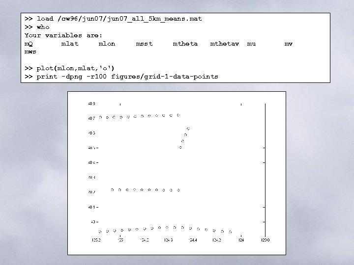 >> load /cw 96/jun 07_all_5 km_means. mat >> who Your variables are: m. Q