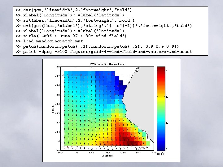 >> >> >> set(gca, 'linewidth', 2, 'fontweight', 'bold') xlabel('Longitude'); ylabel('latitude') set(hbar, 'linewidth', 2, 'fontweight',