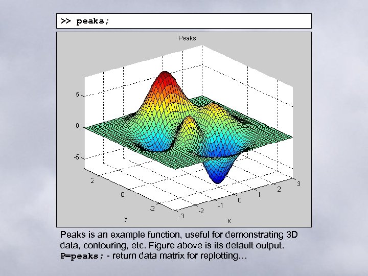 >> peaks; Peaks is an example function, useful for demonstrating 3 D data, contouring,